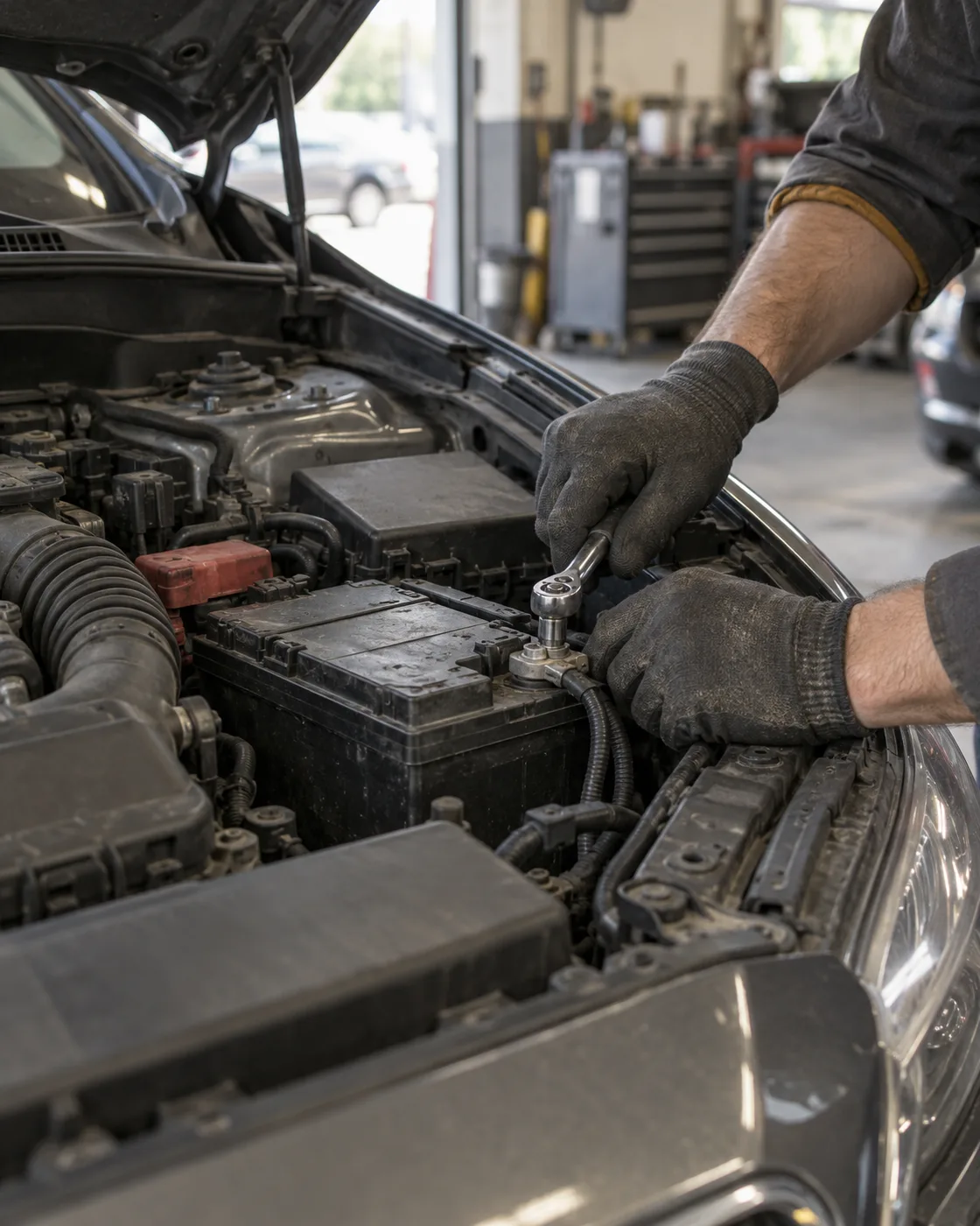 Illustrative close-up of a mechanic working on a car battery terminal