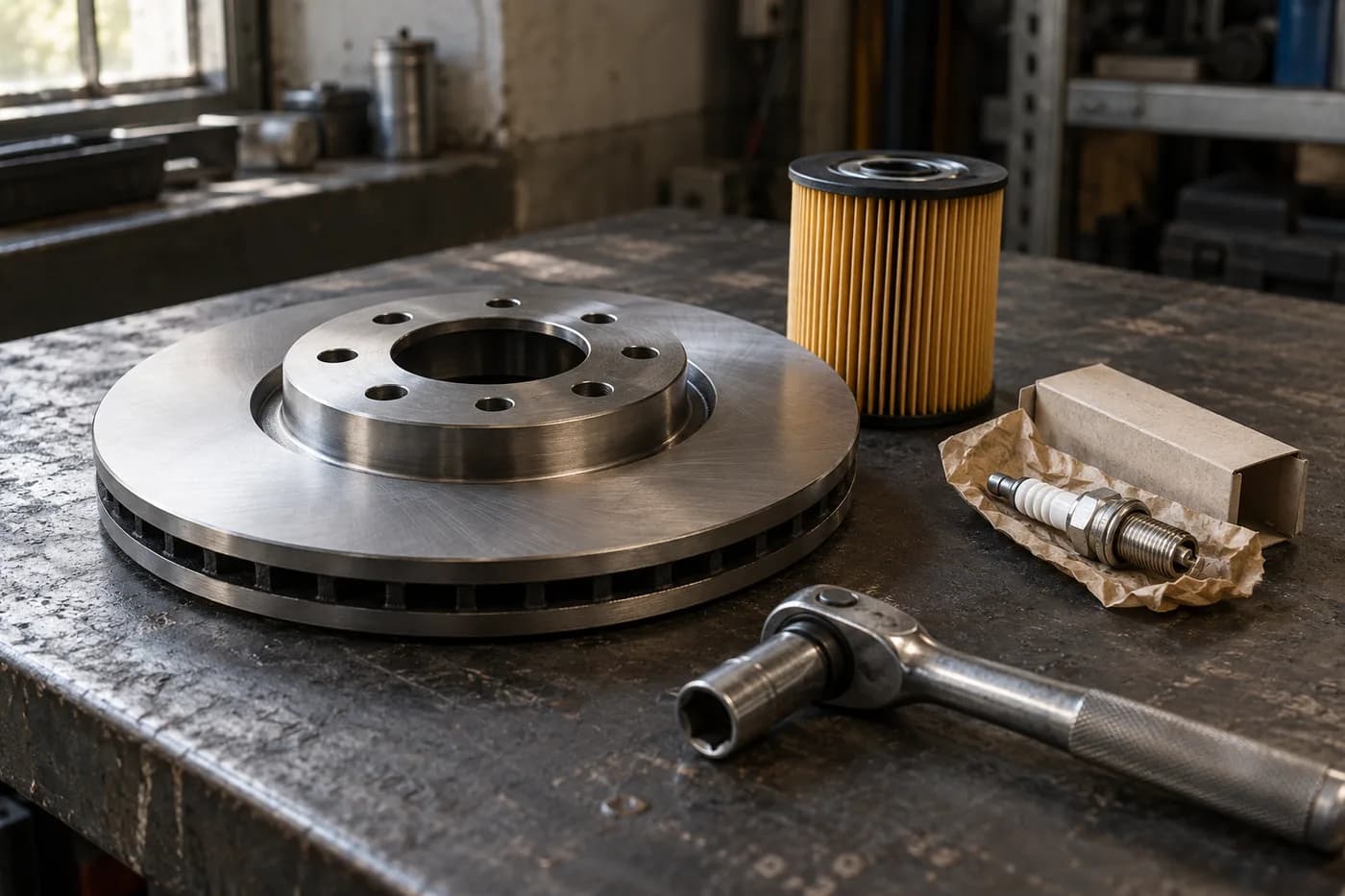 Illustrative workshop scene with a brake disc, oil filter, spark plug and socket wrench